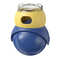 Morandi yellow and blue owl-shaped plastic slow feeder cat toy with kibble openings