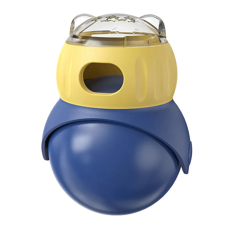 Morandi yellow and blue owl-shaped plastic slow feeder cat toy with kibble openings
