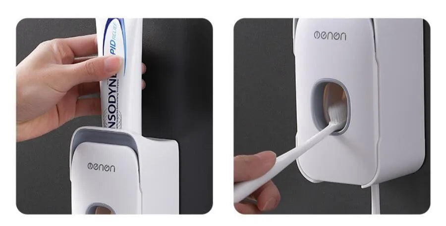 Automatic toothpaste dispenser in blue colour mounted on a bathroom wall