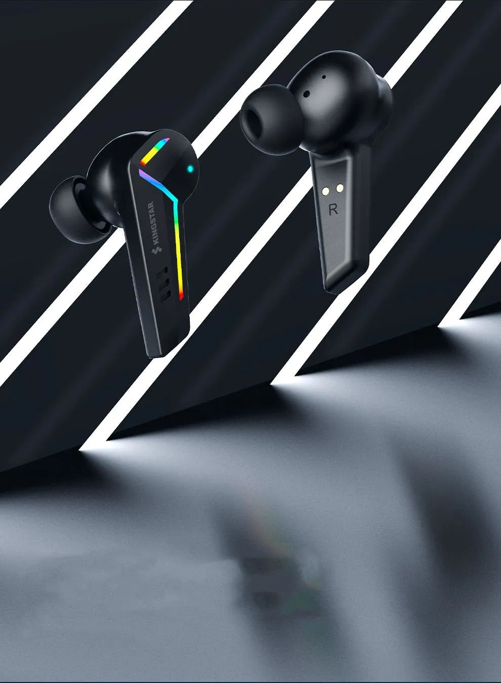 Small black Bluetooth earplug headset for sports and gaming with NFC function.