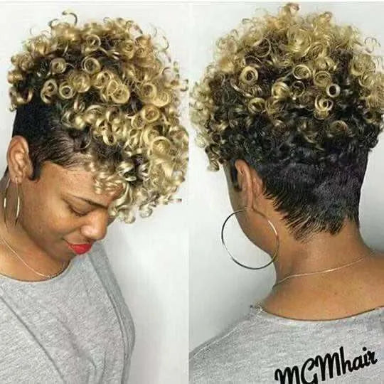 Women's short synthetic wig with simple rolls style in Kanekalon material shown in black, brown, gold, and grey colours.