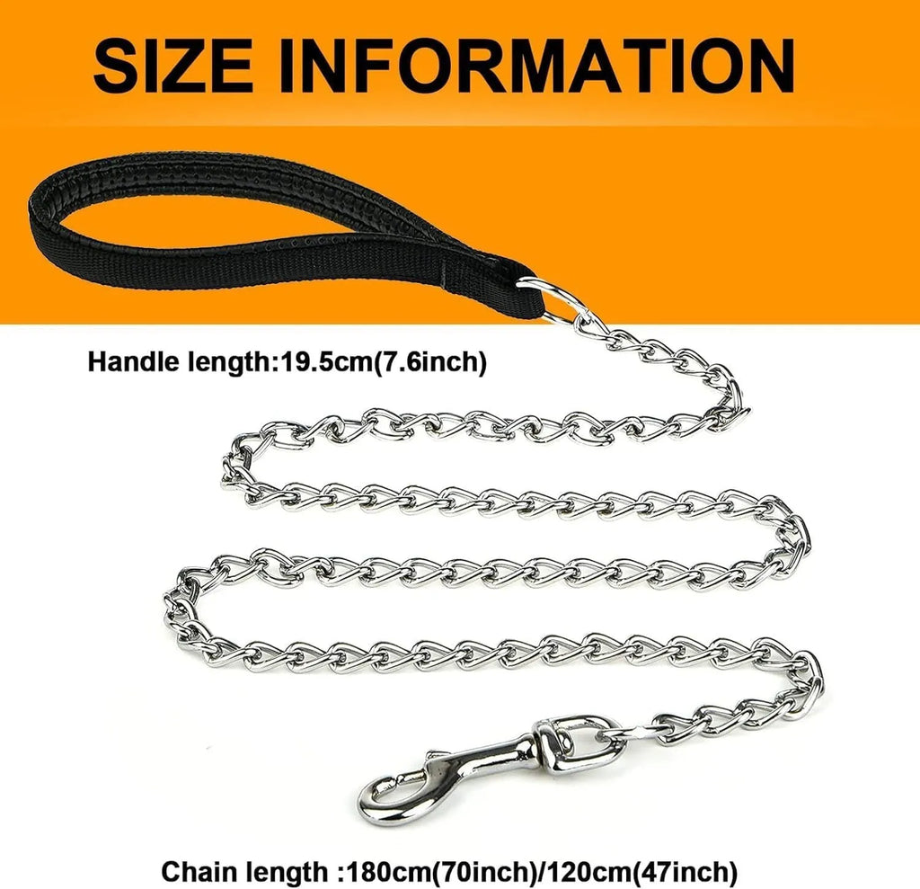 Heavy duty metal dog leash with chew-proof chain and soft blue padded handle.