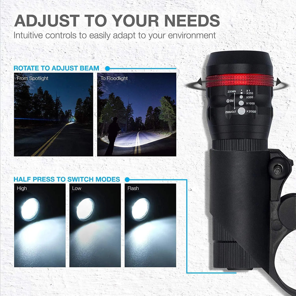Bicycle headlight and red taillight set with a handlebar mounting bracket.