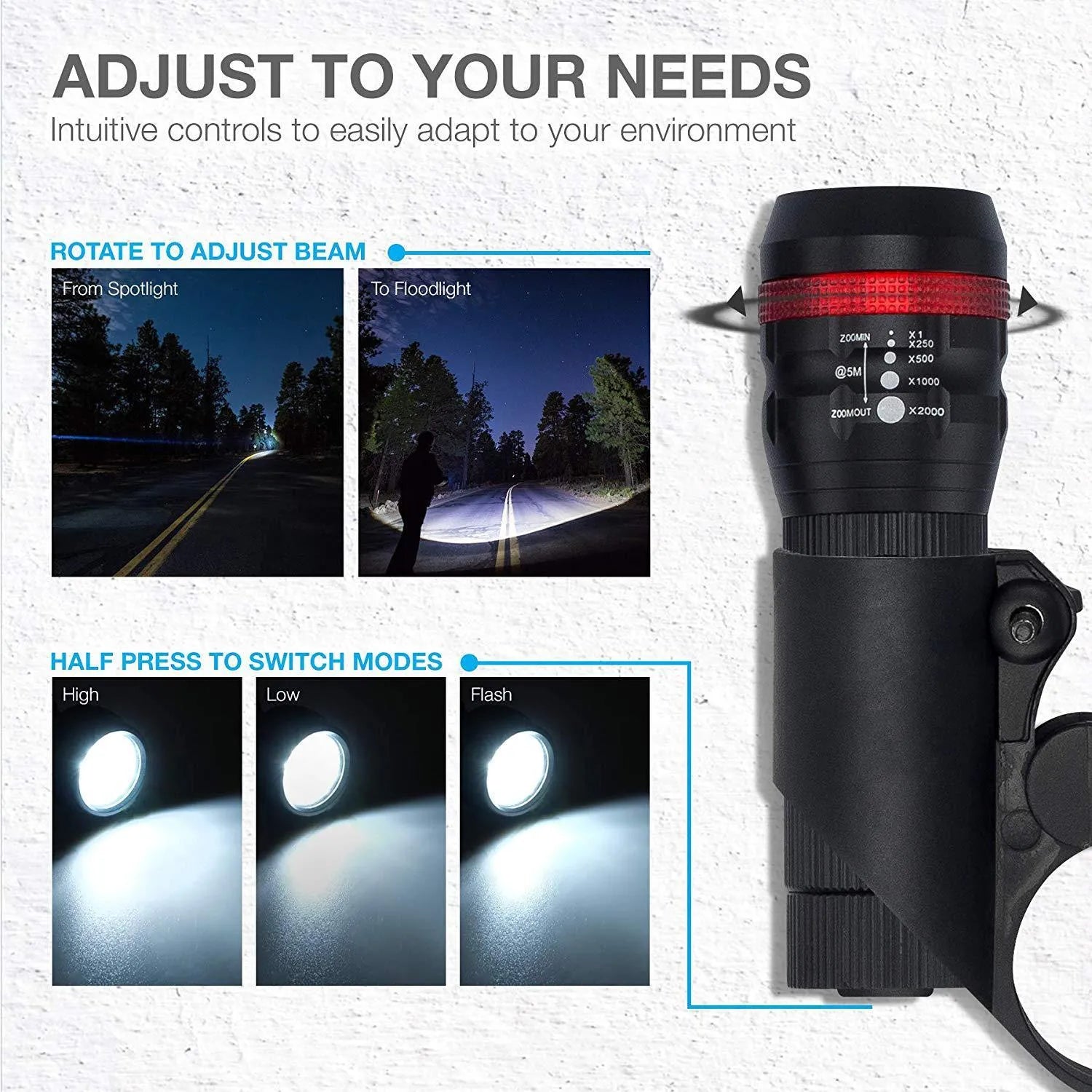 Bicycle headlight and red taillight set with a handlebar mounting bracket.