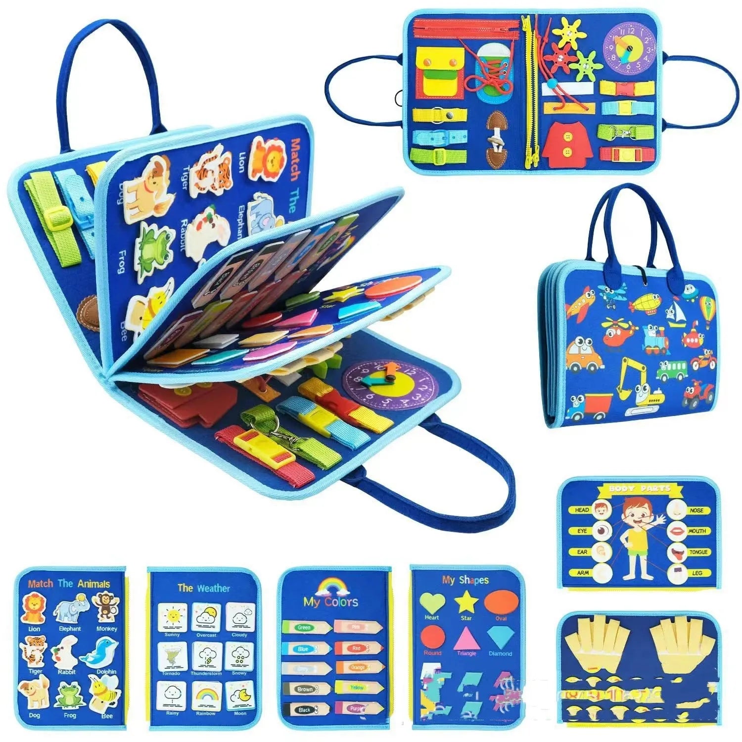 Felt learning board 28x23x3cm with DIY action elements for toddler educational play, fibre felt construction