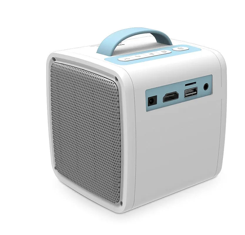 Mini home theater projector displaying a 20-70 inch image on a wall with blue or pink colour options and US plug