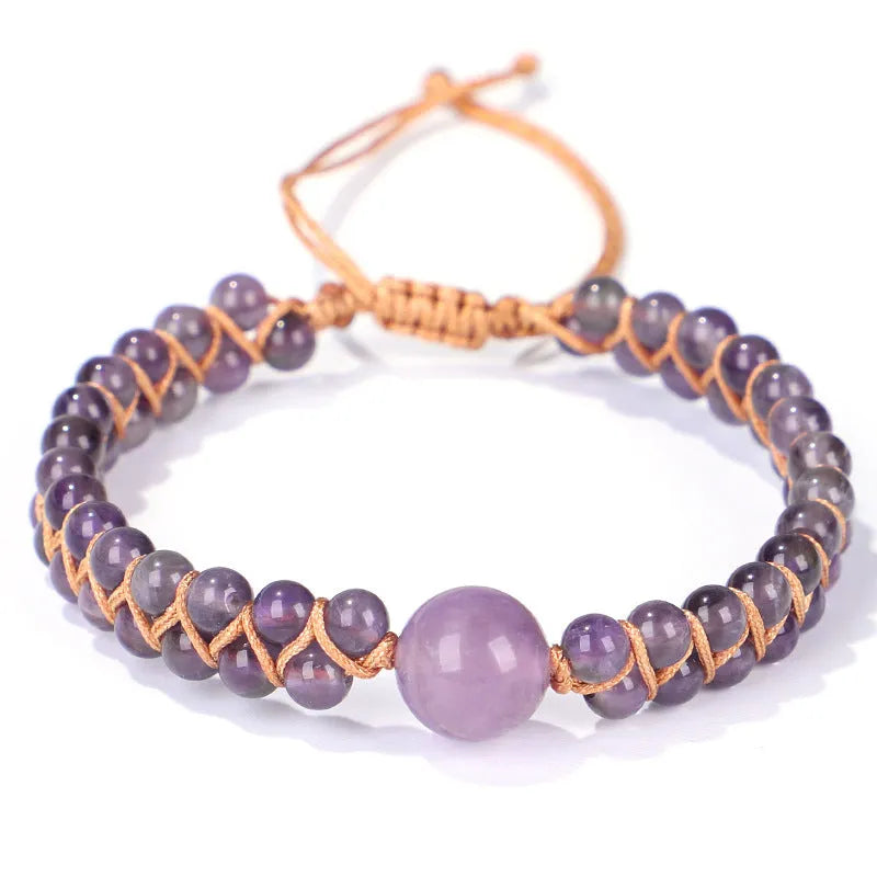 Handmade woven pull bracelet with geometric pattern in Tigereye or Amethyst stone beads