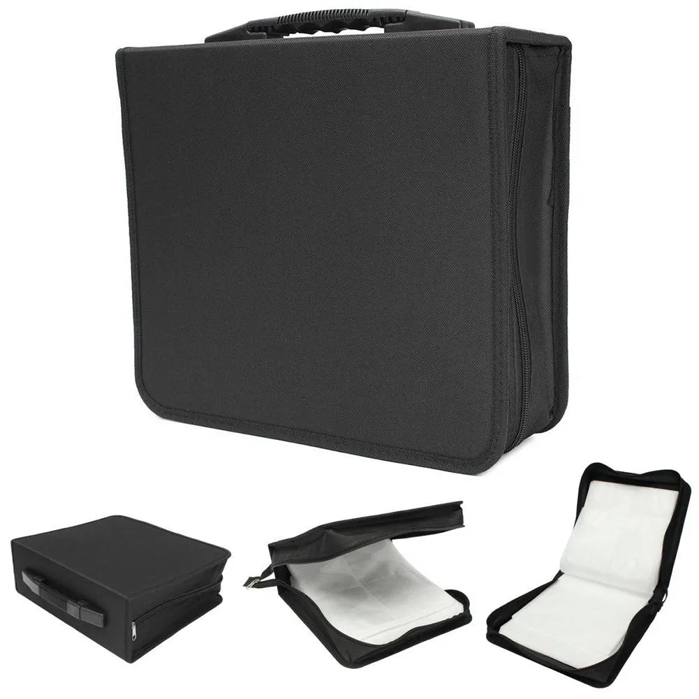 Black Oxford cloth CD DVD storage binder organiser with zip and hand strap.