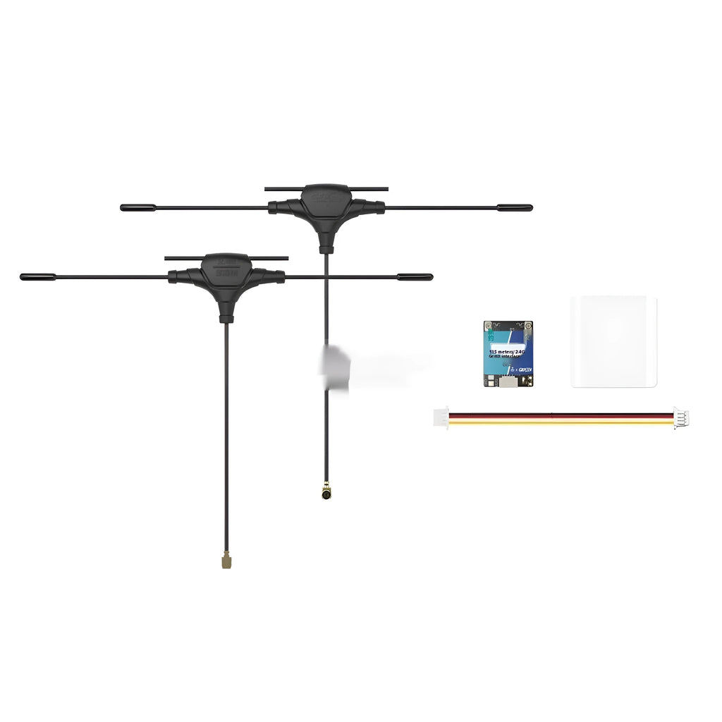 ELRS dual-band 915MHz and 2.4GHz FPV drone receiver kit with T-shaped antennas and accessories.
