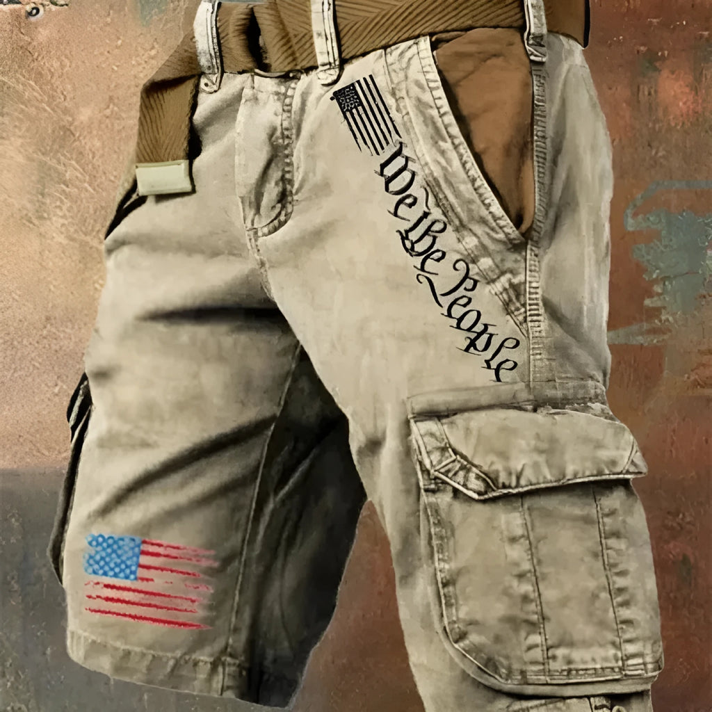 Men's khaki and blue thin multi-pocket fifth pants with loose fit and mid waist