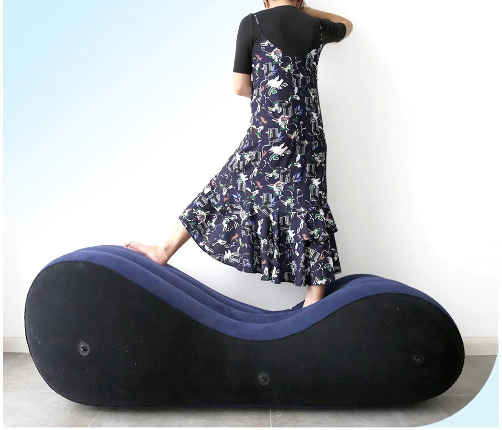 Blue inflatable sofa cushion bed chair made of PVC with flocked surface, shown inflated and ready for use