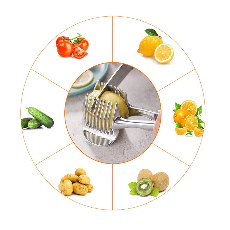 Silver plastic lemon slicer kitchen utensil for cutting uniform citrus slices