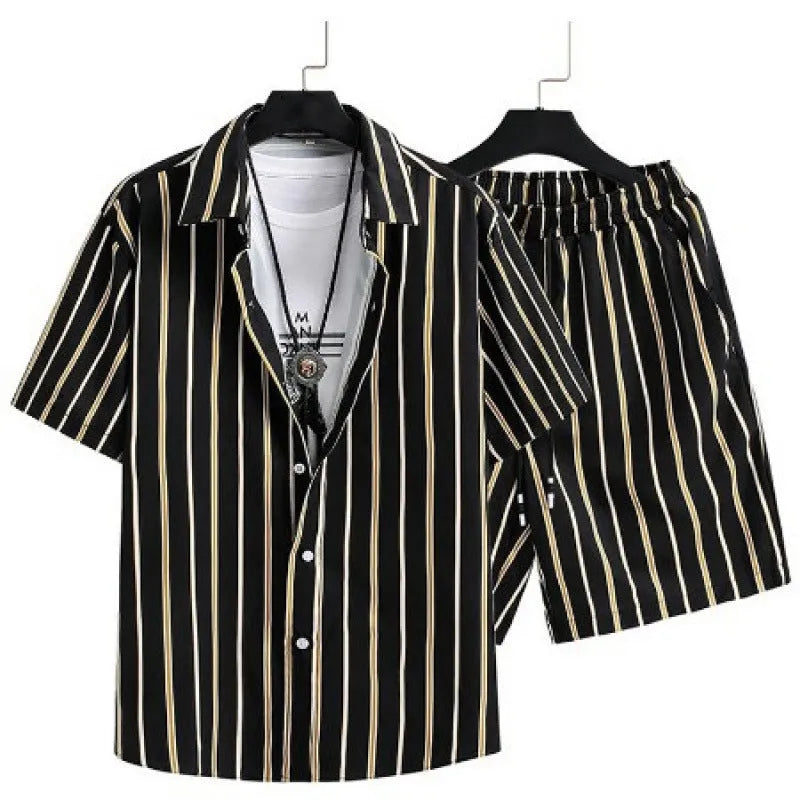 Men's short sleeve cardigan and matching shorts suit in a digital printed pattern.