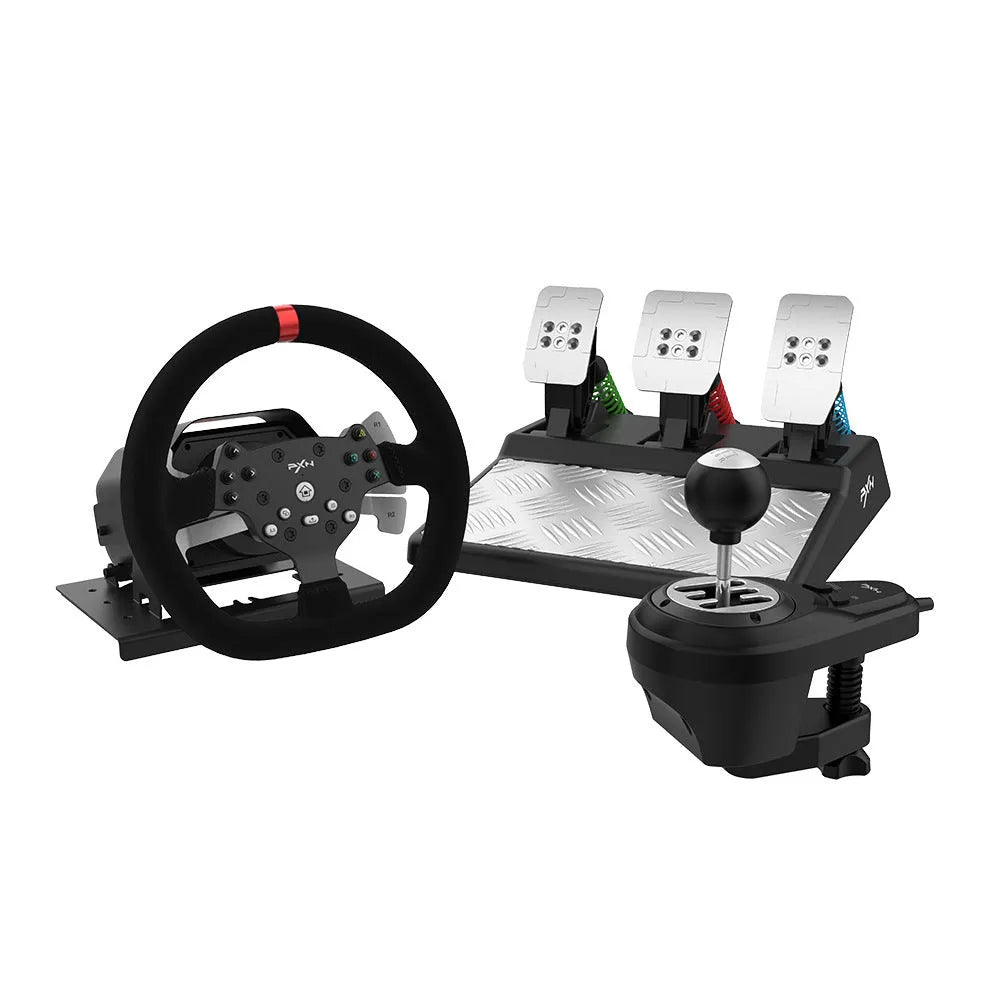 PXN V10 force feedback racing game steering wheel with black rim and red accents, compatible with PC and consoles