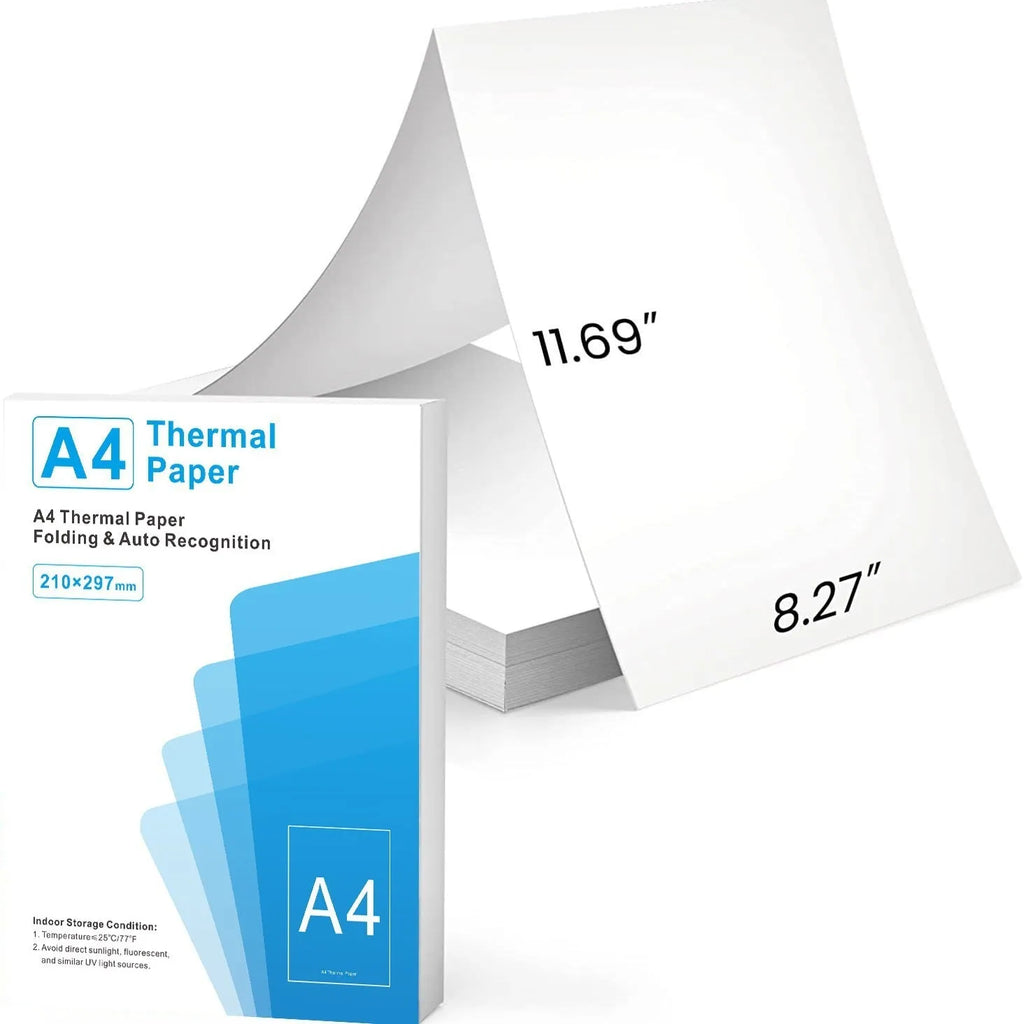Pack of white A4 thermal printer paper sheets for business use.