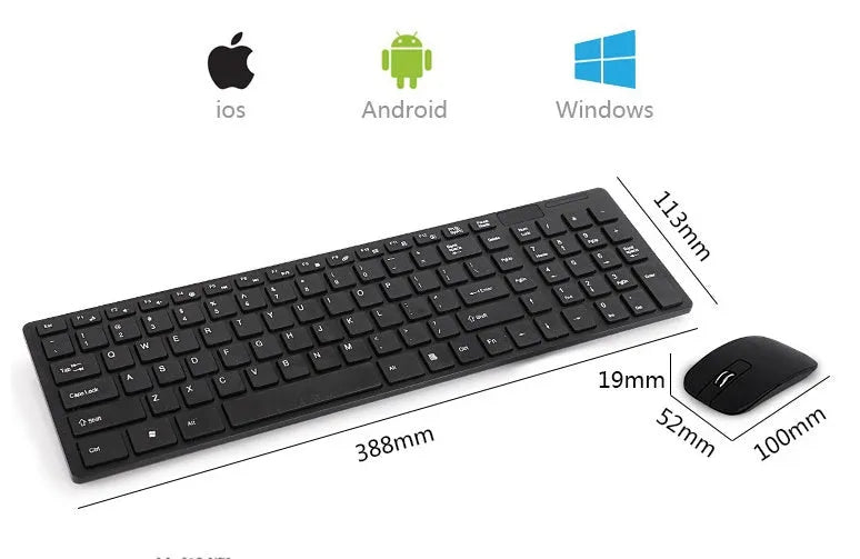 HK-06 wireless keyboard and mouse set in black or white with 2.4GHz USB receiver, 10m range and optical 1200 DPI mouse