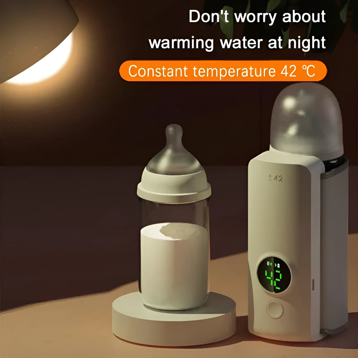 White portable constant temperature milk warmer with charging cable, made from ABS material