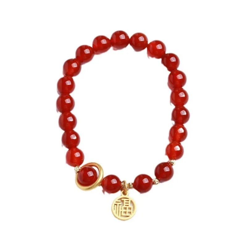 Natural red agate bracelet with woven beads in national style, showing 8MM and 10MM size options with blessing card.