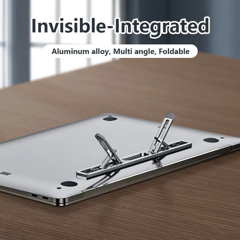 Aluminium laptop cooling bracket in silver colour, showing adjustable height mechanism for notebook support