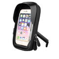 Waterproof black mobile phone stand mounted on a bicycle handlebar, showing laminated zipper