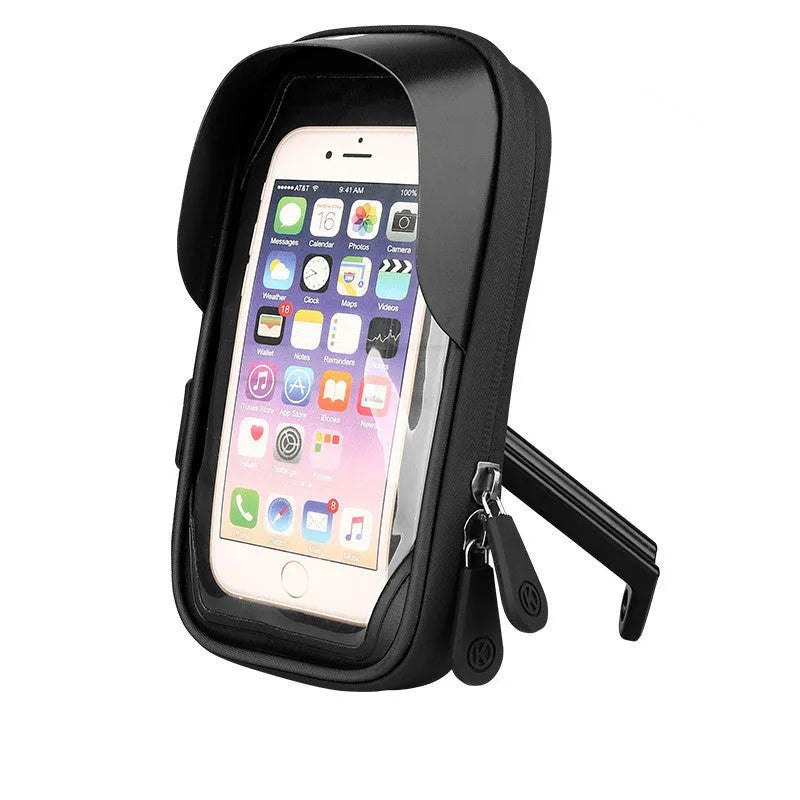 Waterproof black mobile phone stand mounted on a bicycle handlebar, showing laminated zipper