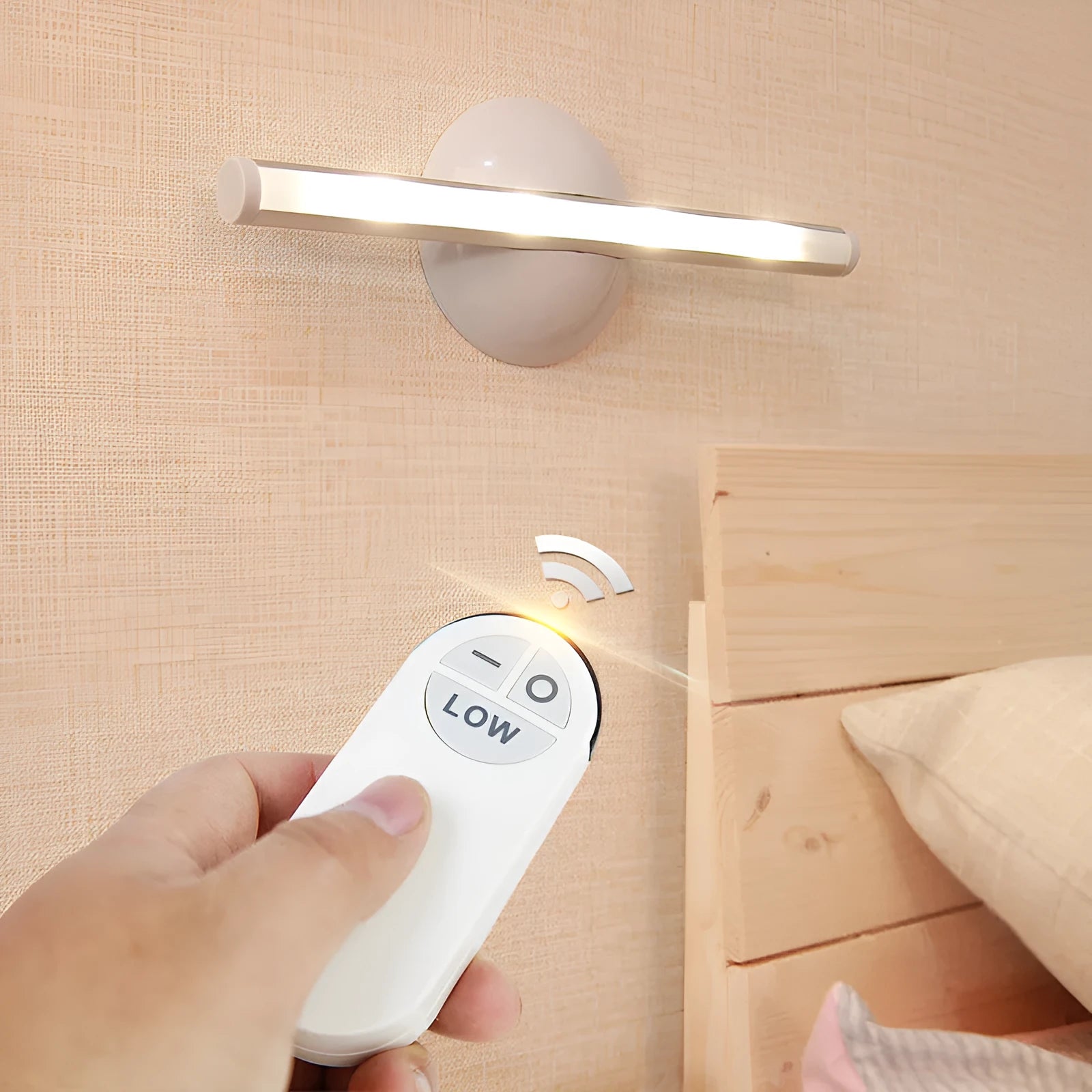 40 cm long remote control LED mirror lamp with aluminium body and frosted plastic diffuser.