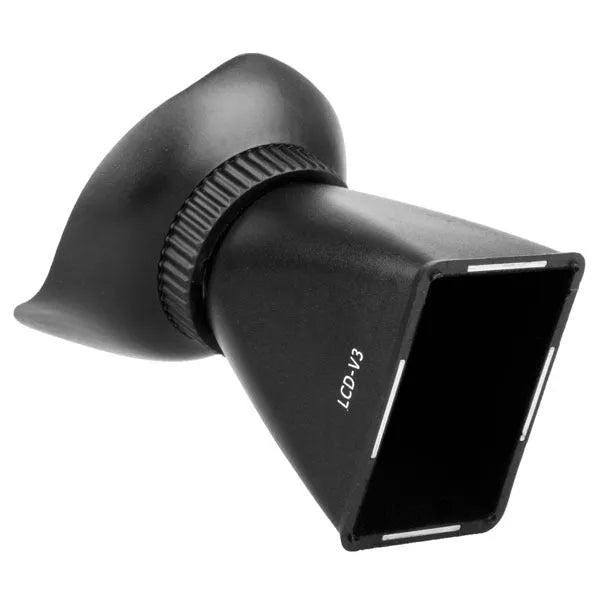 Black camera LCD magnifier with magnetic mount attached to a DSLR, showing screen magnification.