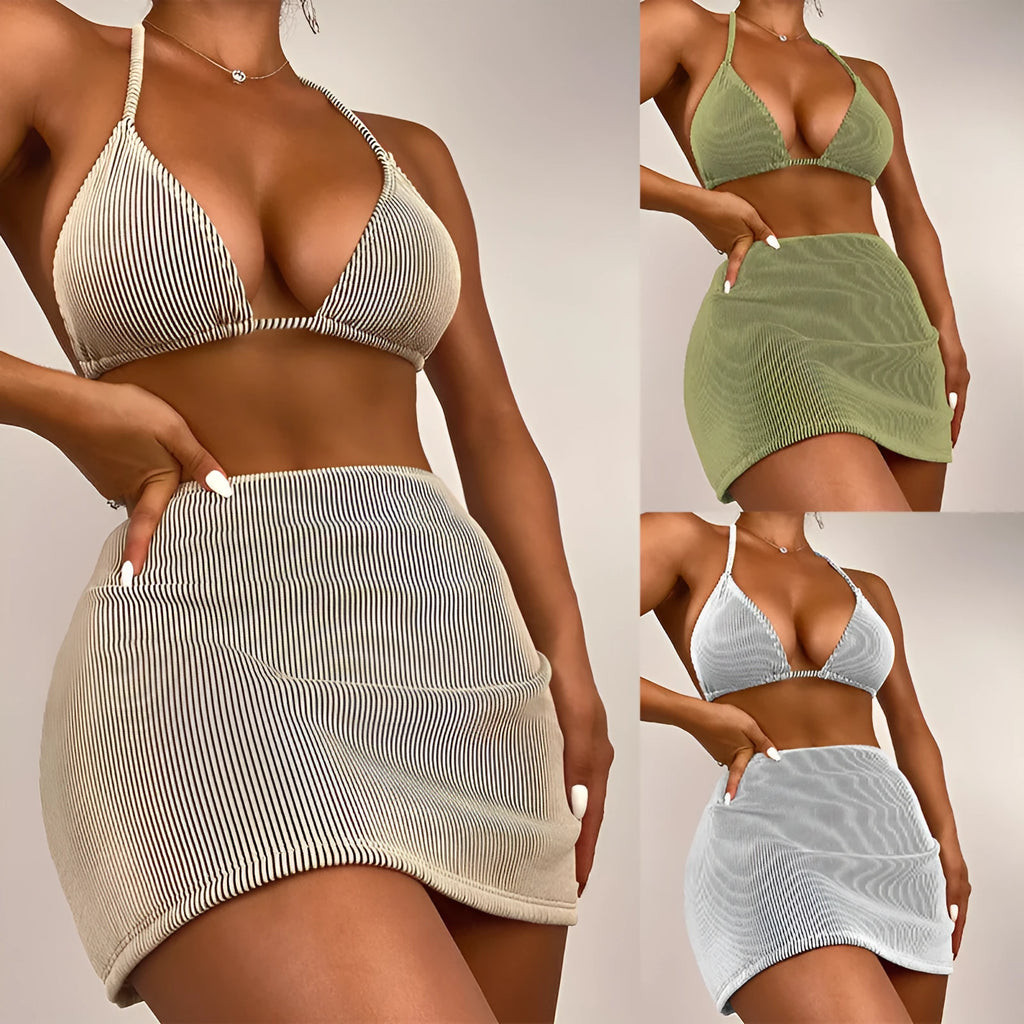 Women's three-piece ribbed bikini swimsuit set in green colour.