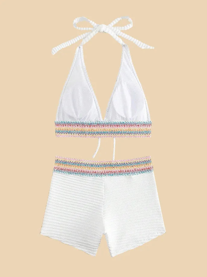 Women's high-waisted bikini suit in striped and solid colours