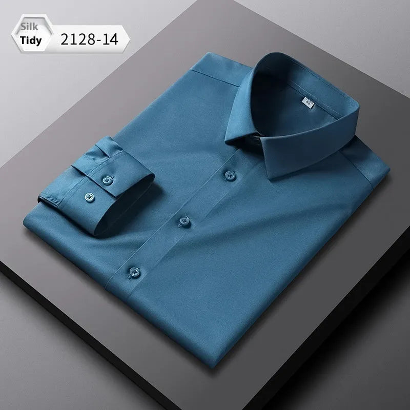 Men's elastic silk long-sleeved non-ironing shirt in loose fit with solid colour