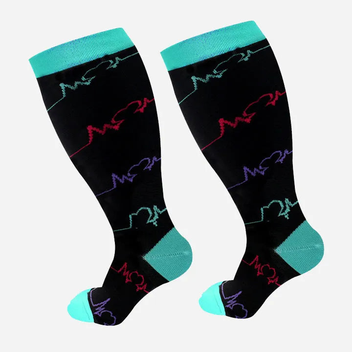 Plus size compression socks for extra wide calf in blue ECG pattern on white background