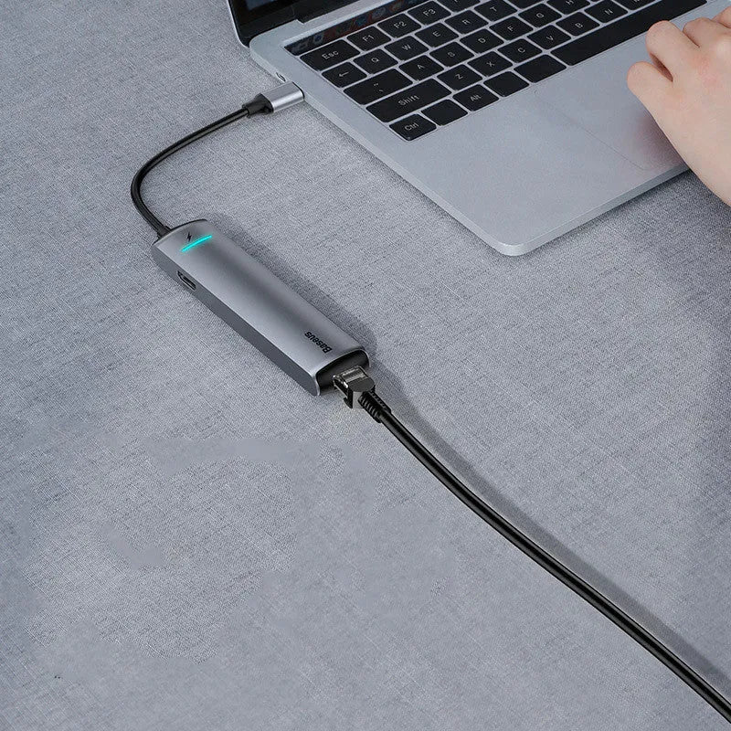 Dark grey Type-C docking station hub compatible with Apple MacBook and iPhone models with 5Gbps transfer rate
