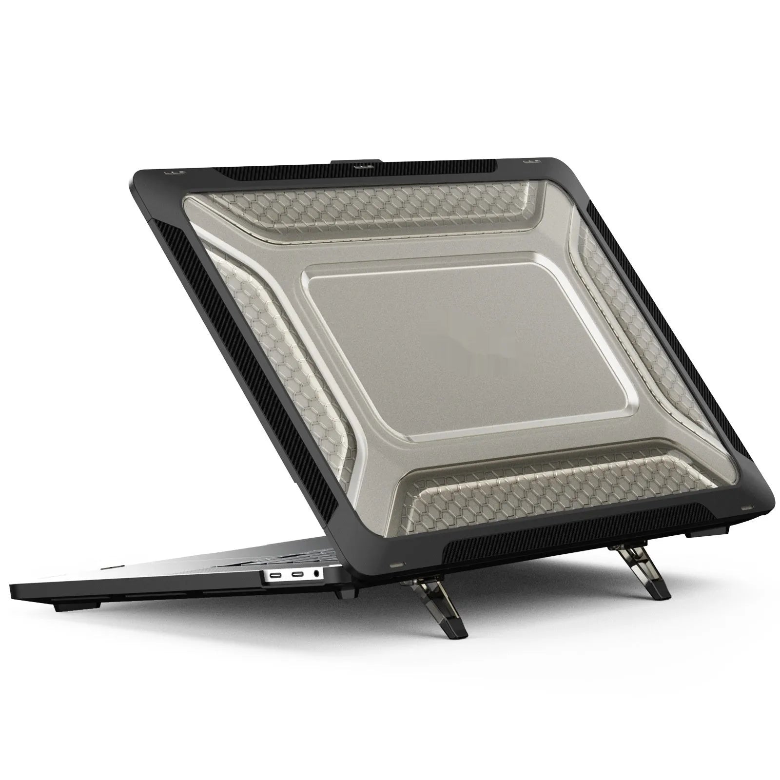 MacBook protective hard shell case in cool black colour on a laptop.