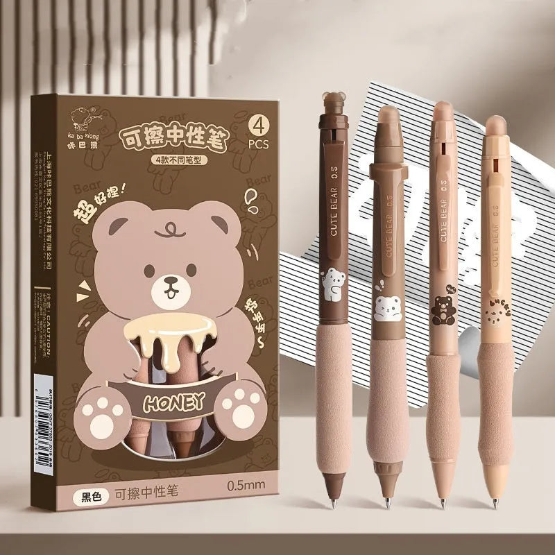 Erasable cartoon press gel pen with 0.5mm tip showing Aerospace and Panda design options.