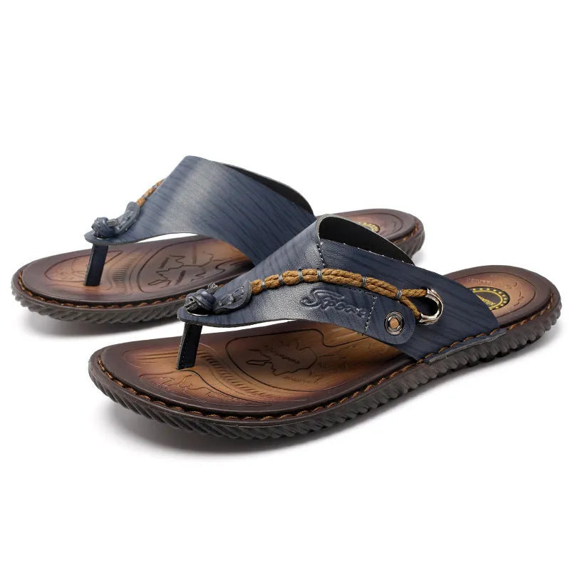 Men's dark blue herringbone pattern outdoor slippers with a rubber sole and leather lining.