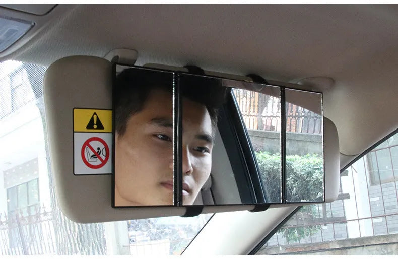 Silver car folding makeup mirror shown closed and opened, with ABS plastic frame and glass mirror.