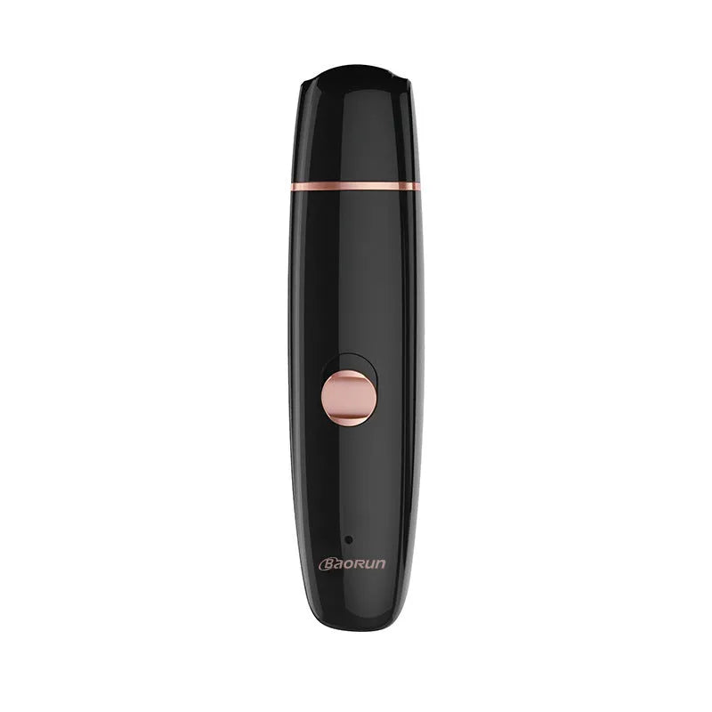 Black cat nail clipper with LED light and USB cable, ABS plastic body on white background