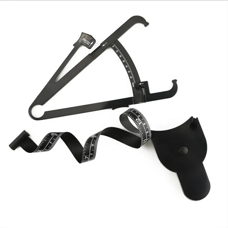 Black ABS plastic body fat caliper for skinfold measurement with a retractable measuring tape.