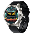 Black smart watch with Bluetooth calling on a steel strap, displaying health metrics.