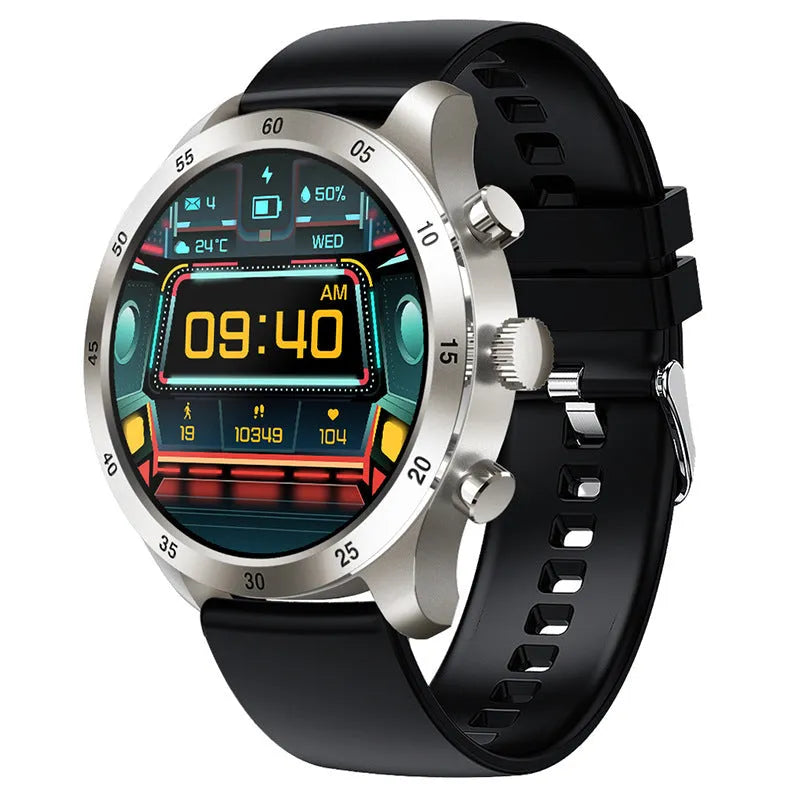 Black smart watch with Bluetooth calling on a steel strap, displaying health metrics.
