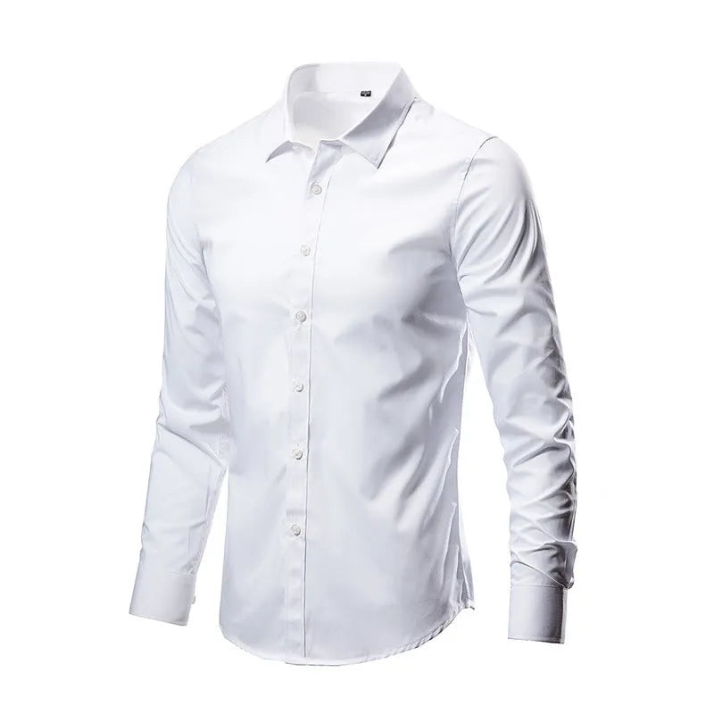 Men's slim-fit long sleeve linen shirt on a hanger, shown in a light grey colour.