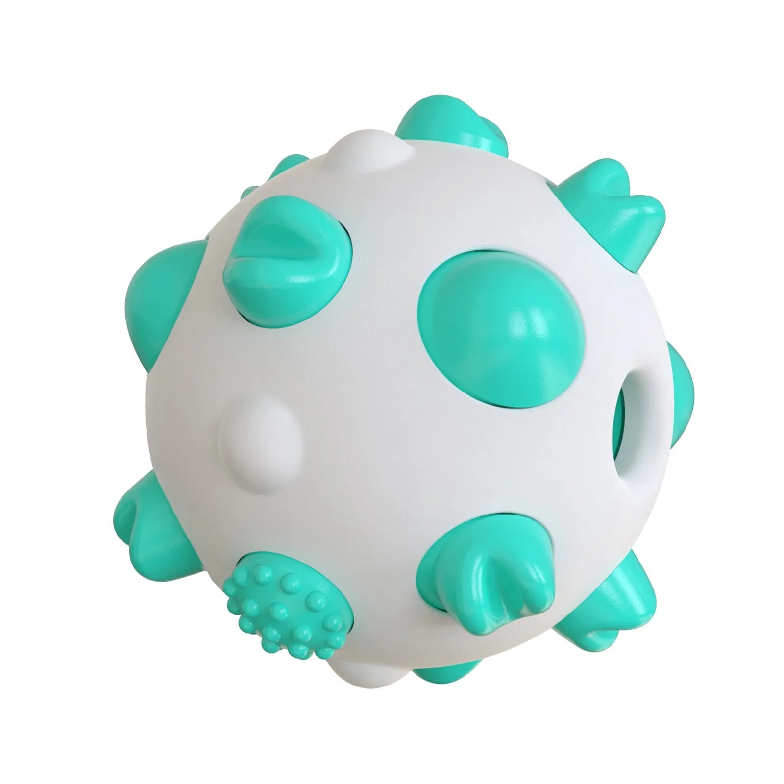 Blue dog teething chew ball with textured bumps and hollow treat compartment.