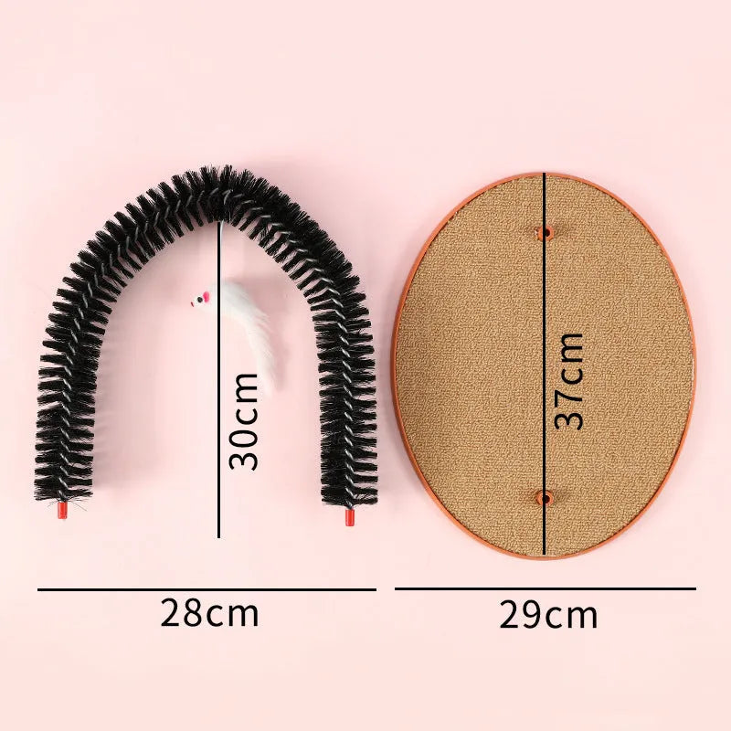 Black plastic arch-shaped cat grooming brush and scratching post with attached mouse toy
