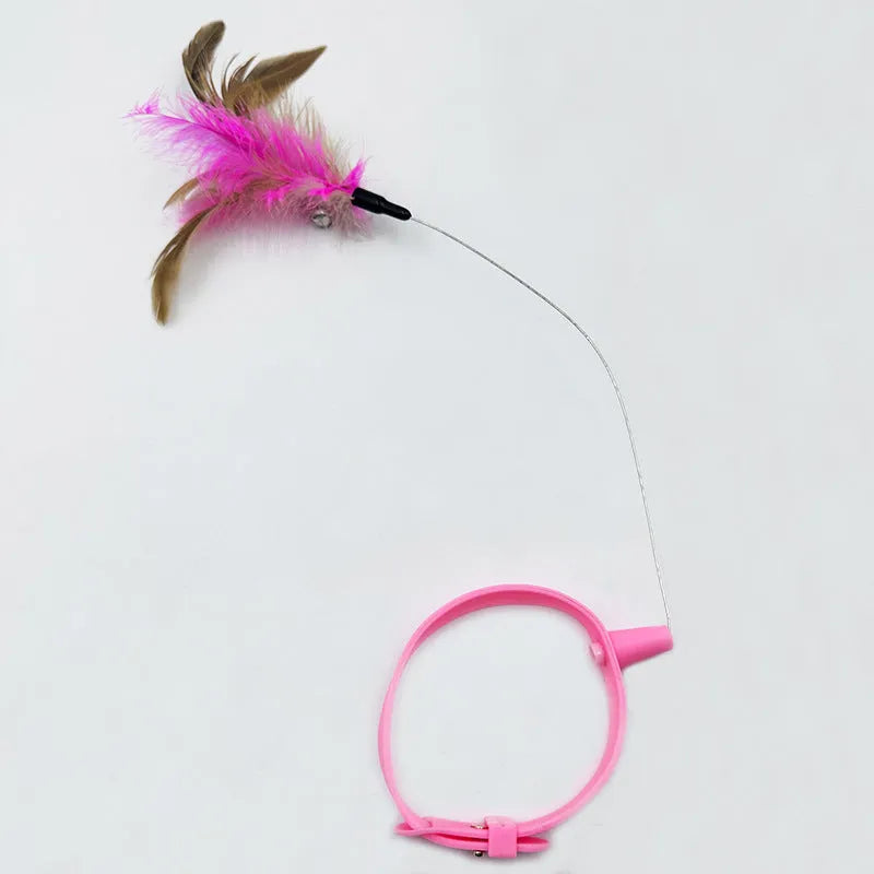 Adjustable cat collar toy with feather and bell attachments on steel wire teaser