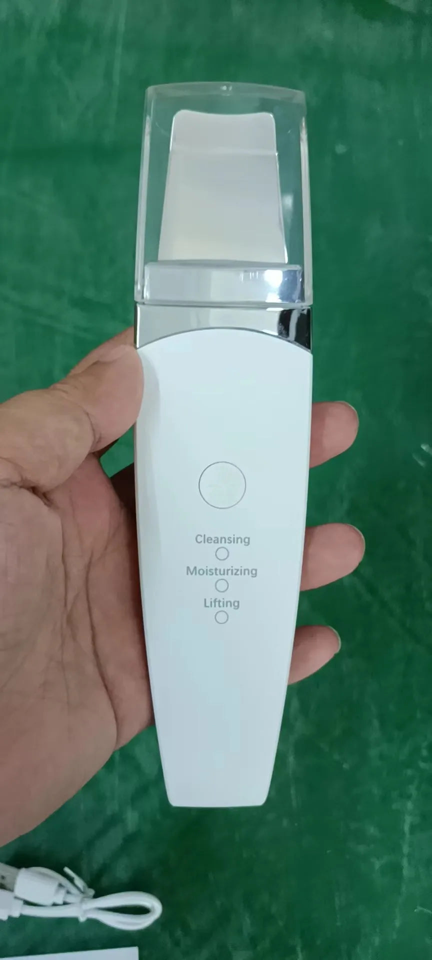 Ultrasonic peeling beauty instrument G77 white, 183.5 mm long, with stainless steel shovel head and USB charging cable