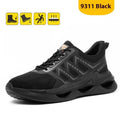 Black steel toe cap safety shoes with flat knitted uppers and front lace-up closure