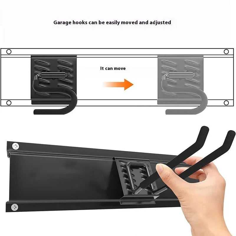 Heavy-duty carbon steel garage wall hook system with removable base plate and multiple hook options for tool storage