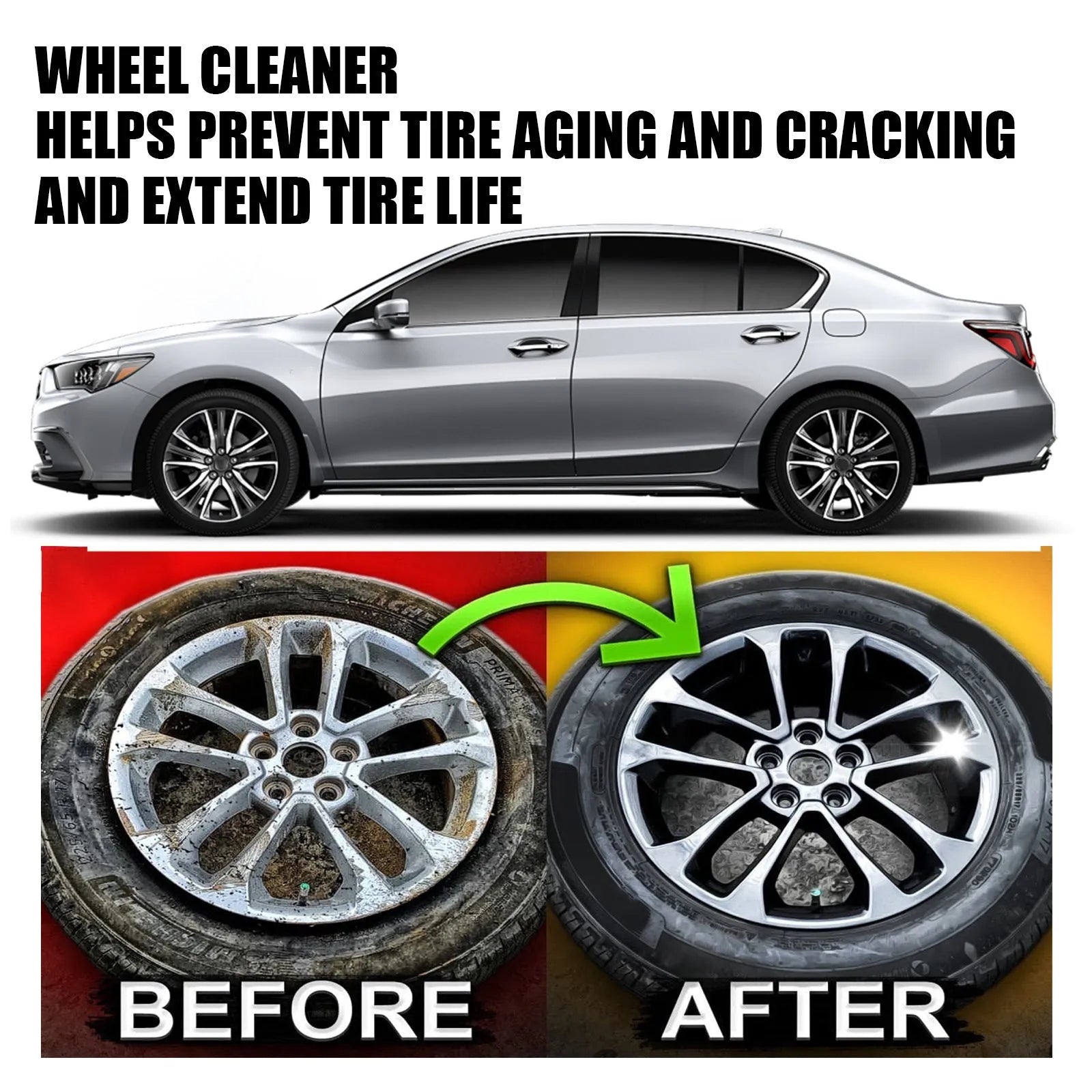 Car tyre cleaner spray bottle and microfibre towel for wheel cleaning