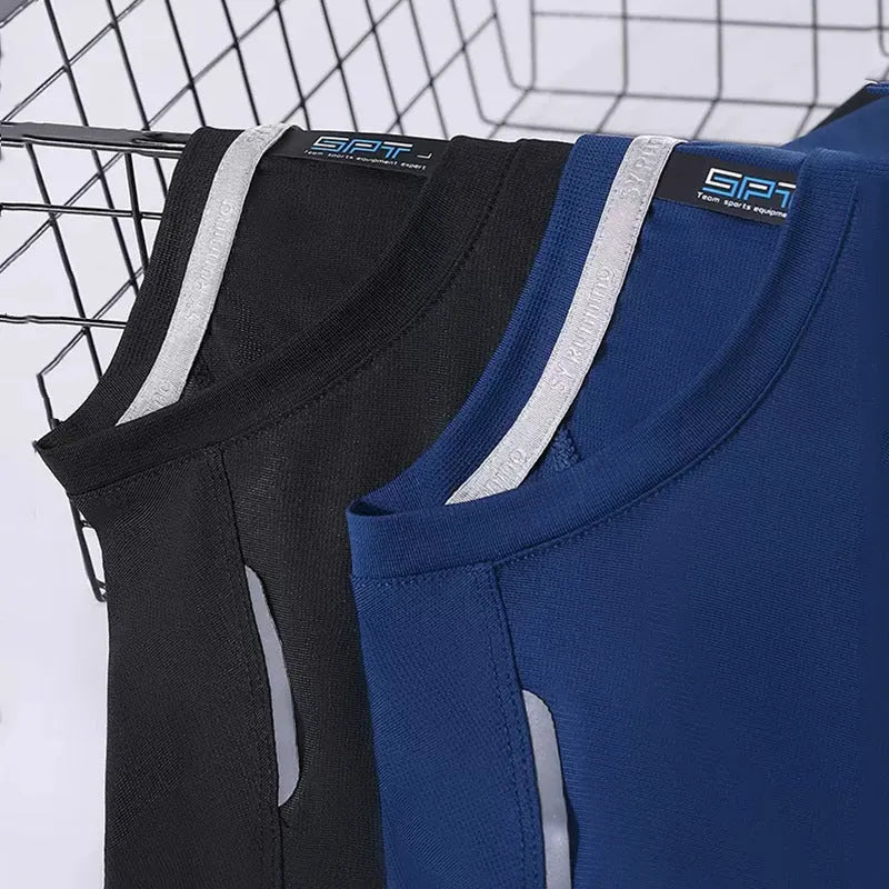 Round neck short sleeve sports T-shirt in spandex polyester fabric on a size chart.