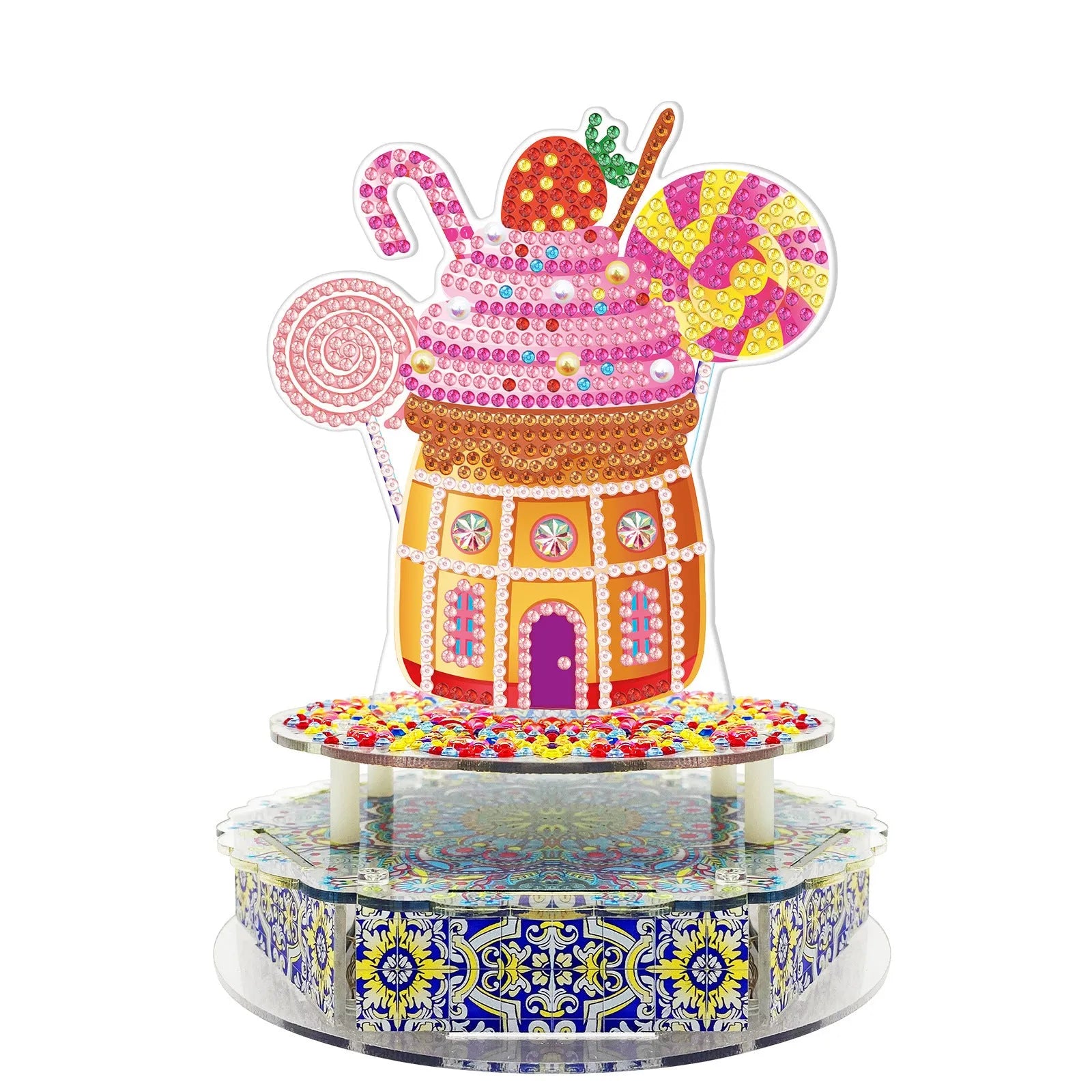 DIY diamond painting music box craft kit components including PVC plates, music movement, and LED string lights